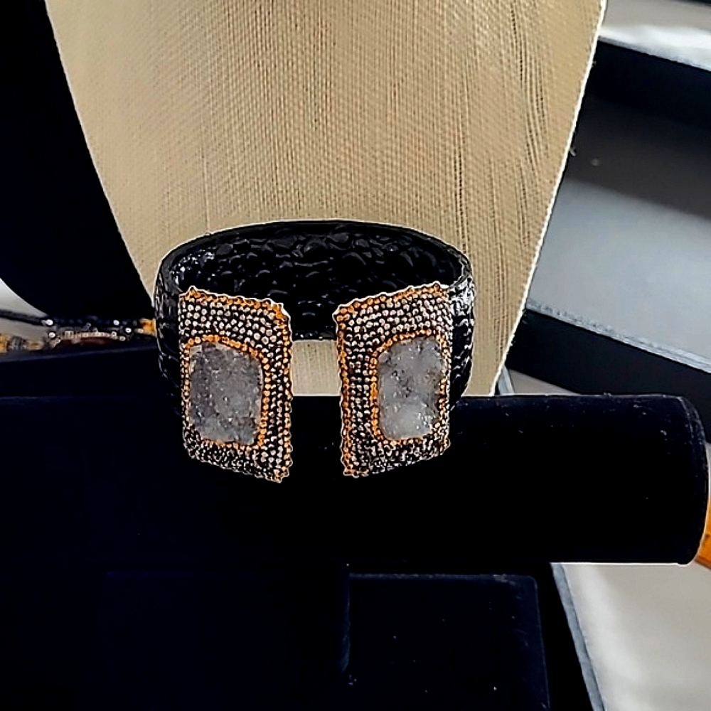 925 Sterling Silver Grey Druzy Swarovski Crystal Leather Cuff Bracelet Turkey